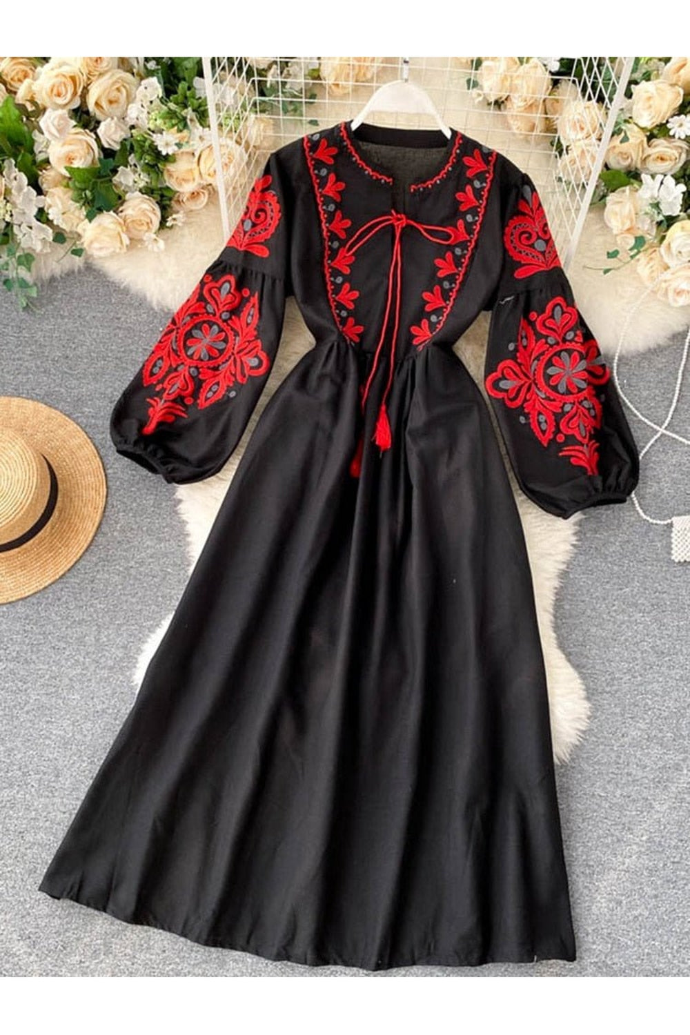 Bohemian O-Neck Lantern Sleeve Dress