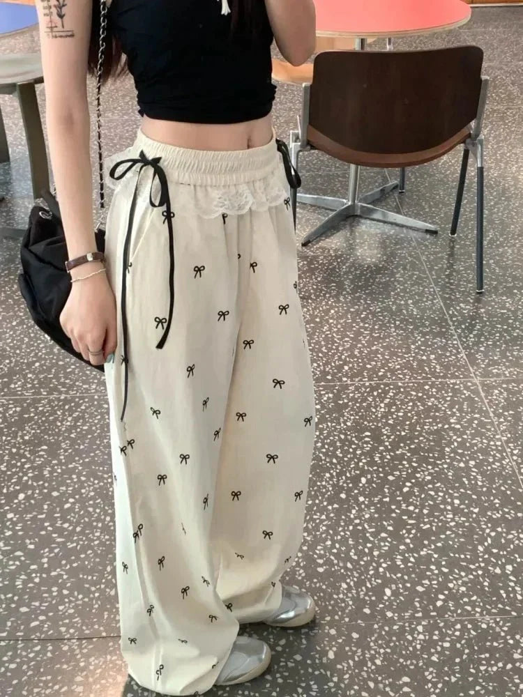 Bow Lace Trim Wide-Leg Pants