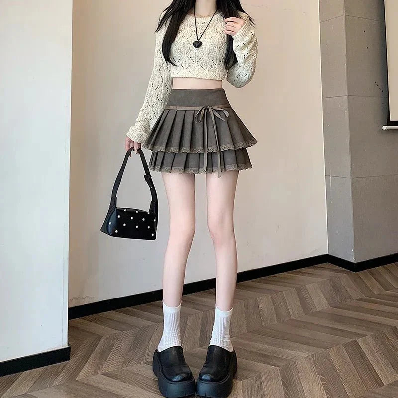 Bow-Tied Lace Pleated Mini Skirt