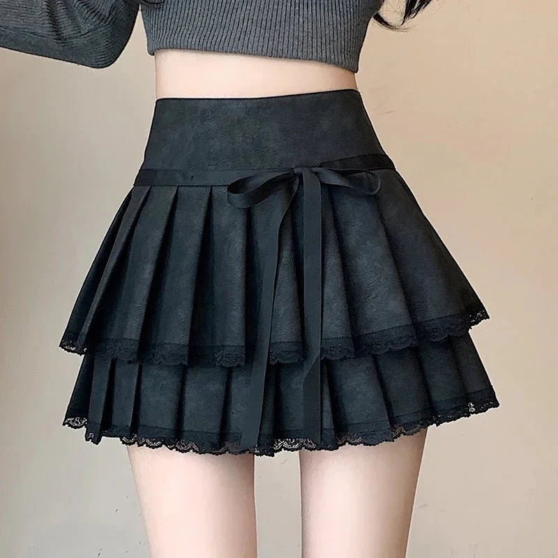 Bow-Tied Lace Pleated Mini Skirt