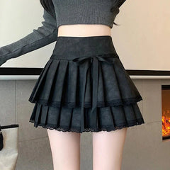 Bow-Tied Lace Pleated Mini Skirt