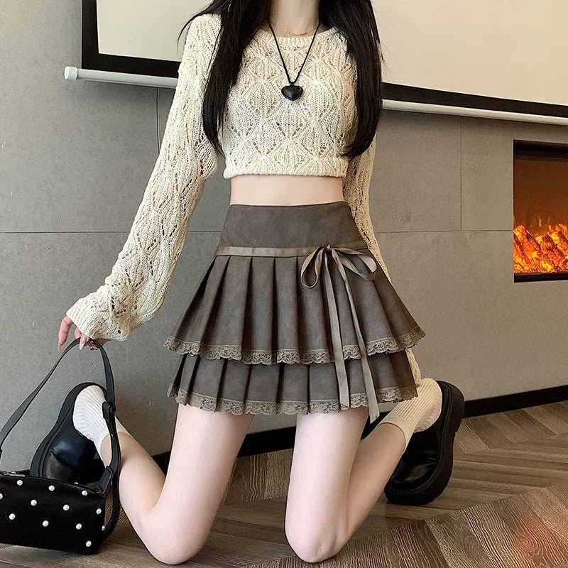 Bow-Tied Lace Pleated Mini Skirt