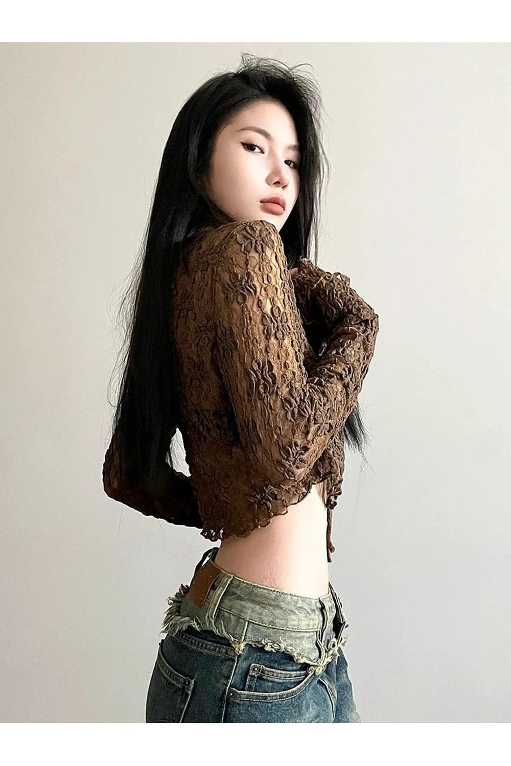 Brown Lace V-neck Shirt