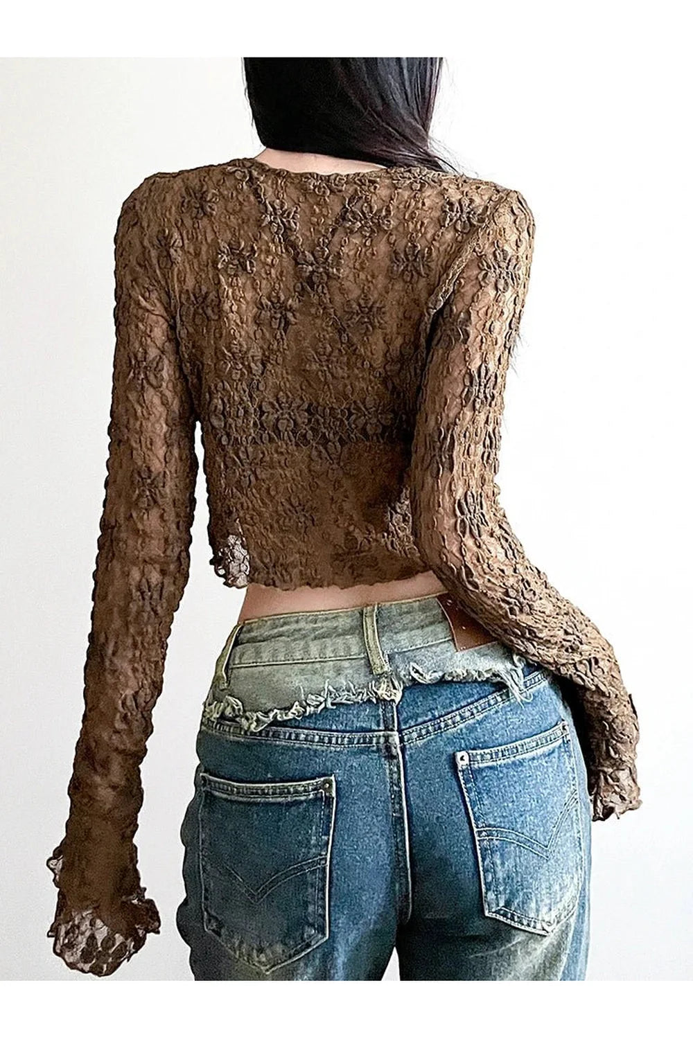 Brown Lace V-neck Shirt