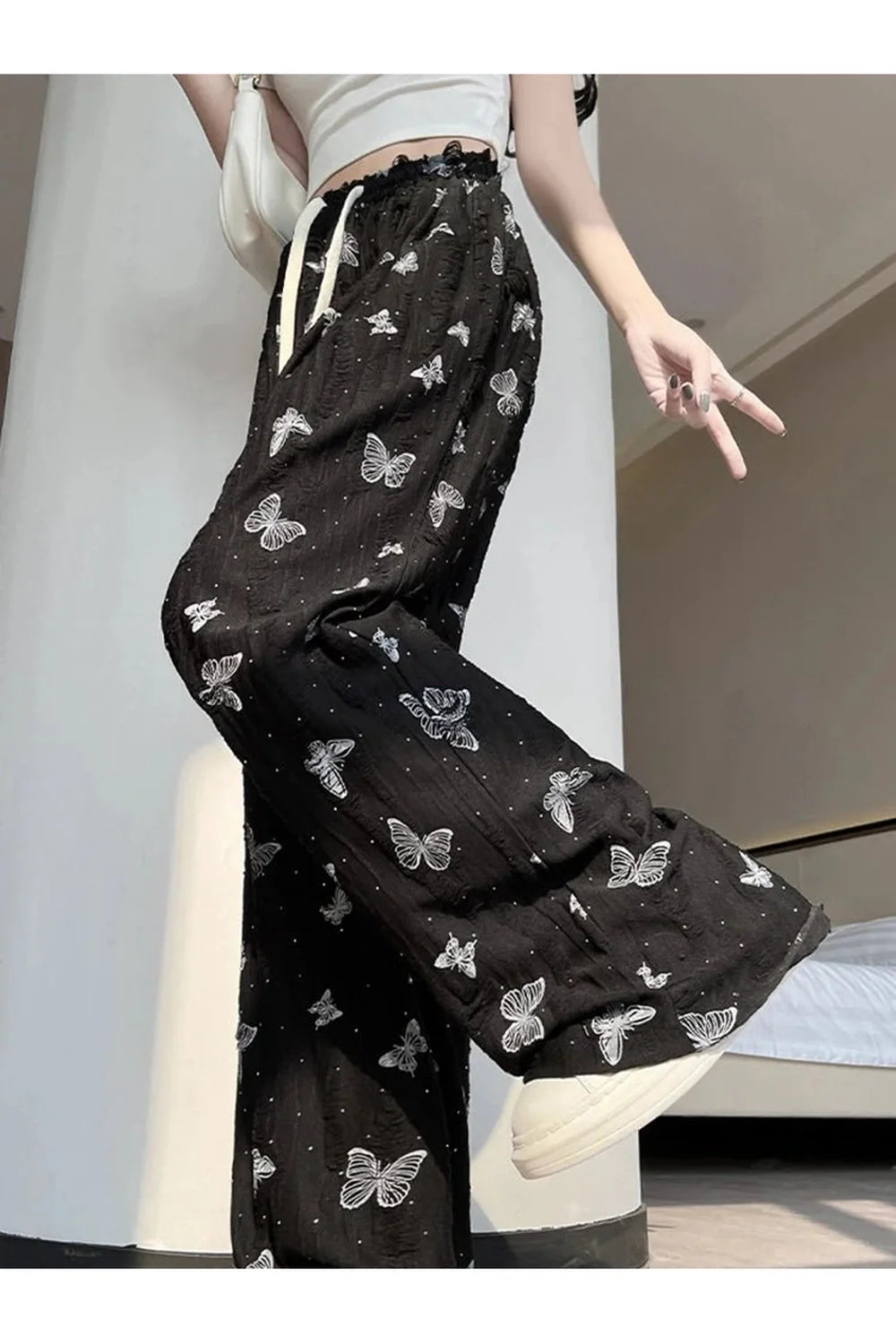 Butterfly Embroidered Wide-Leg Pants