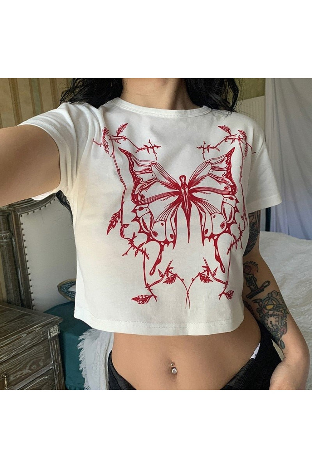 Butterfly Print Fitted Crop Top