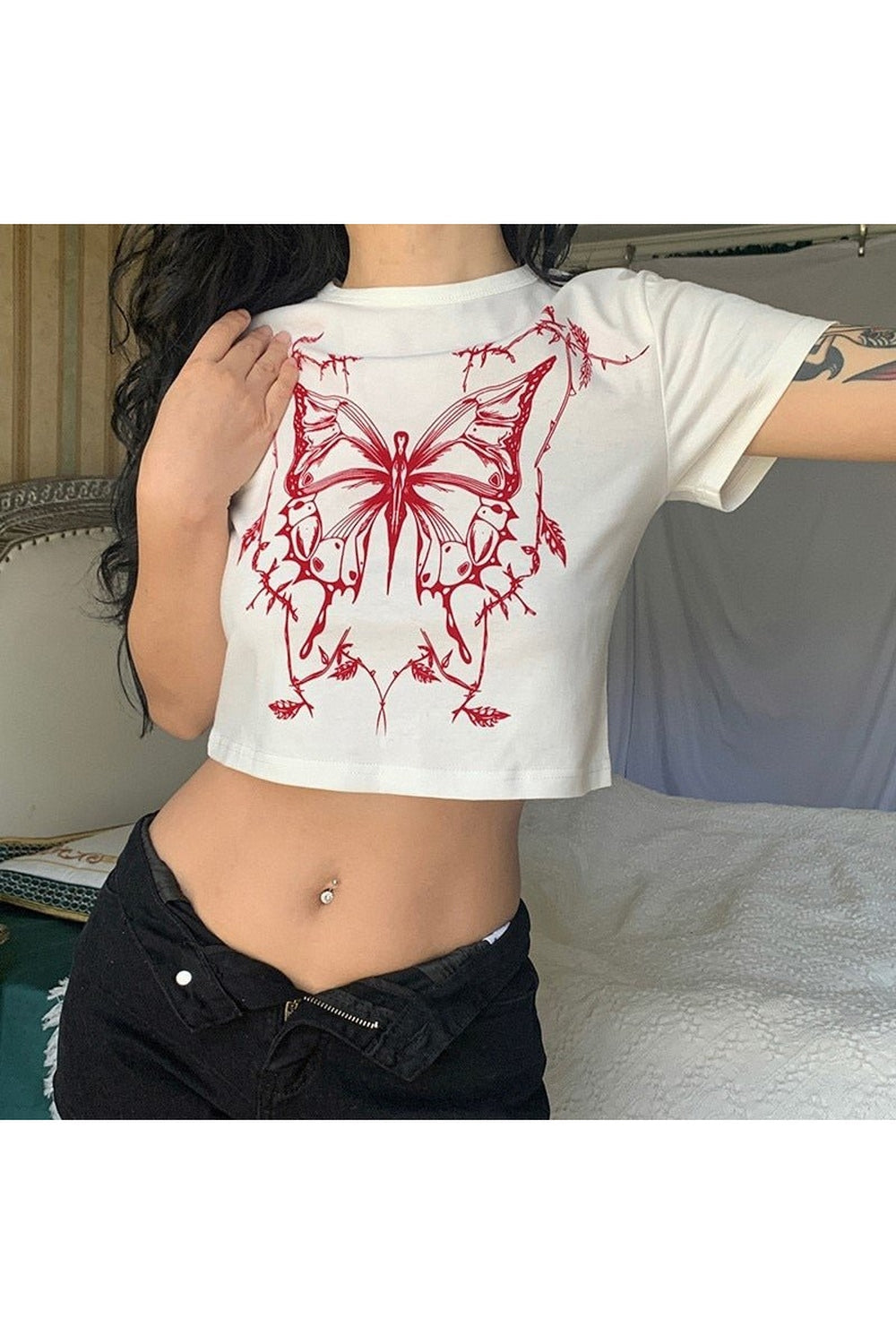 Butterfly Print Fitted Crop Top