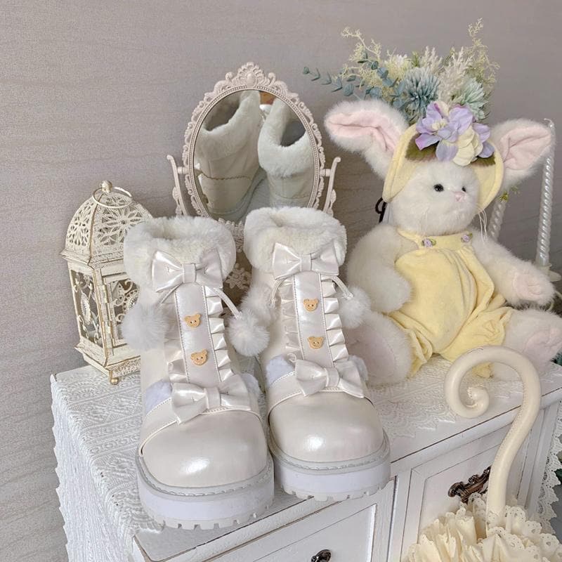 Bear Bow Fuzzy Ball Lolita Snow Boots