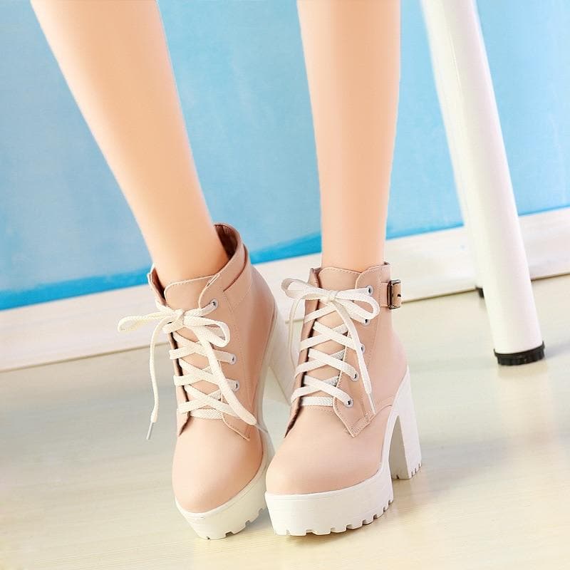 Fashion Buckle Plus Lacing 3 Colors High Heel Martin Boots