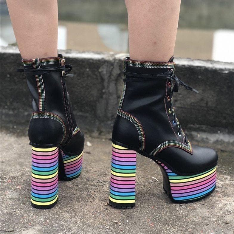 Sweet Mixed Colors Cross Lacing Platform High Heel Boots SS0797