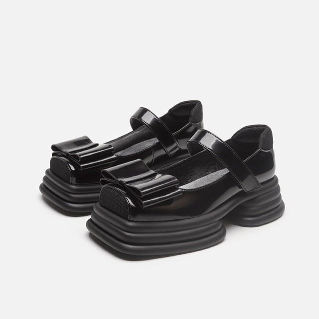 Y2K Goth Black/White Bow Thick Platform Leather Special Heel Mary Jane Shoes BE486