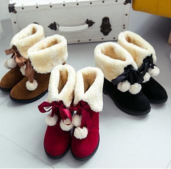 Black/Brown/Red Kawaii Fluffy Ankle Boots