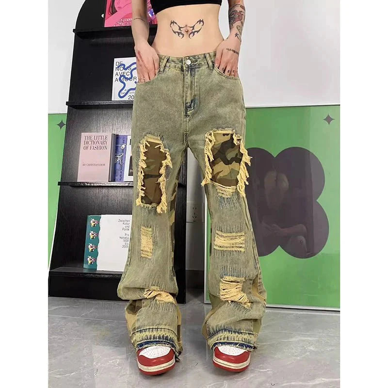 Camo Patchwork Distressed Jeans