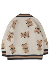 Fall Cartoon Bear Print Knit Cardigan