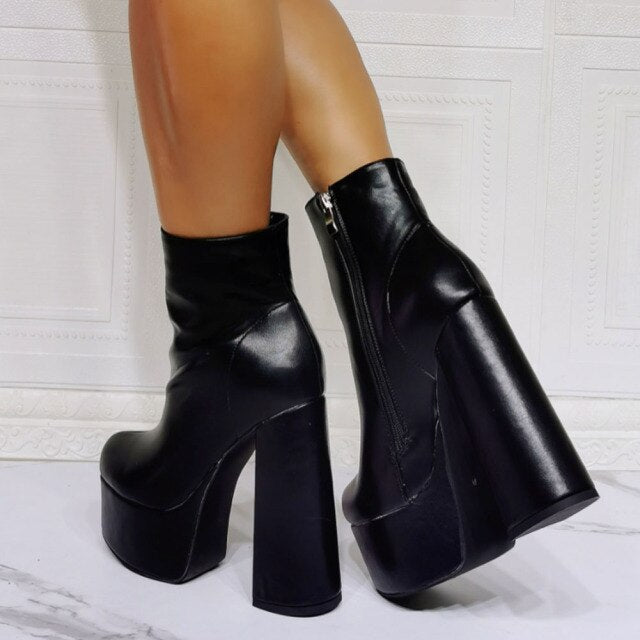Goth Cool Black Flame Print Platform High Heel Ankle Boots BE568