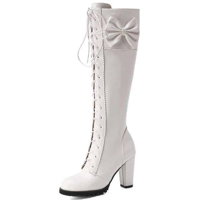 Black/Red/Pink/White Plus Size High Heels Lolita Sweet Zip Up Long Boots BE509