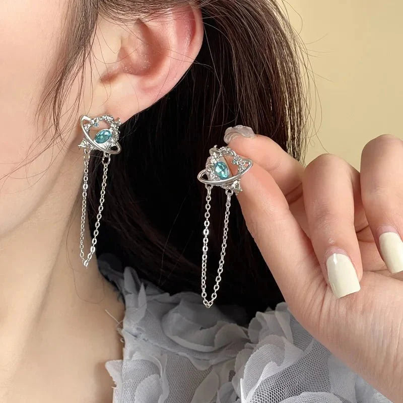 Celestial Orbit Chain Earrings with Teal Accents