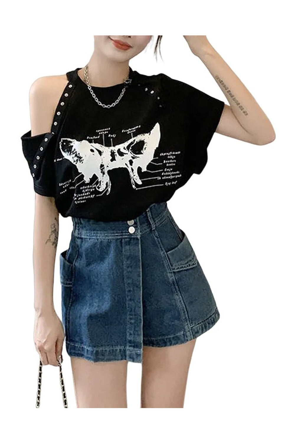 Chain Print Off-Shoulder T-Shirt