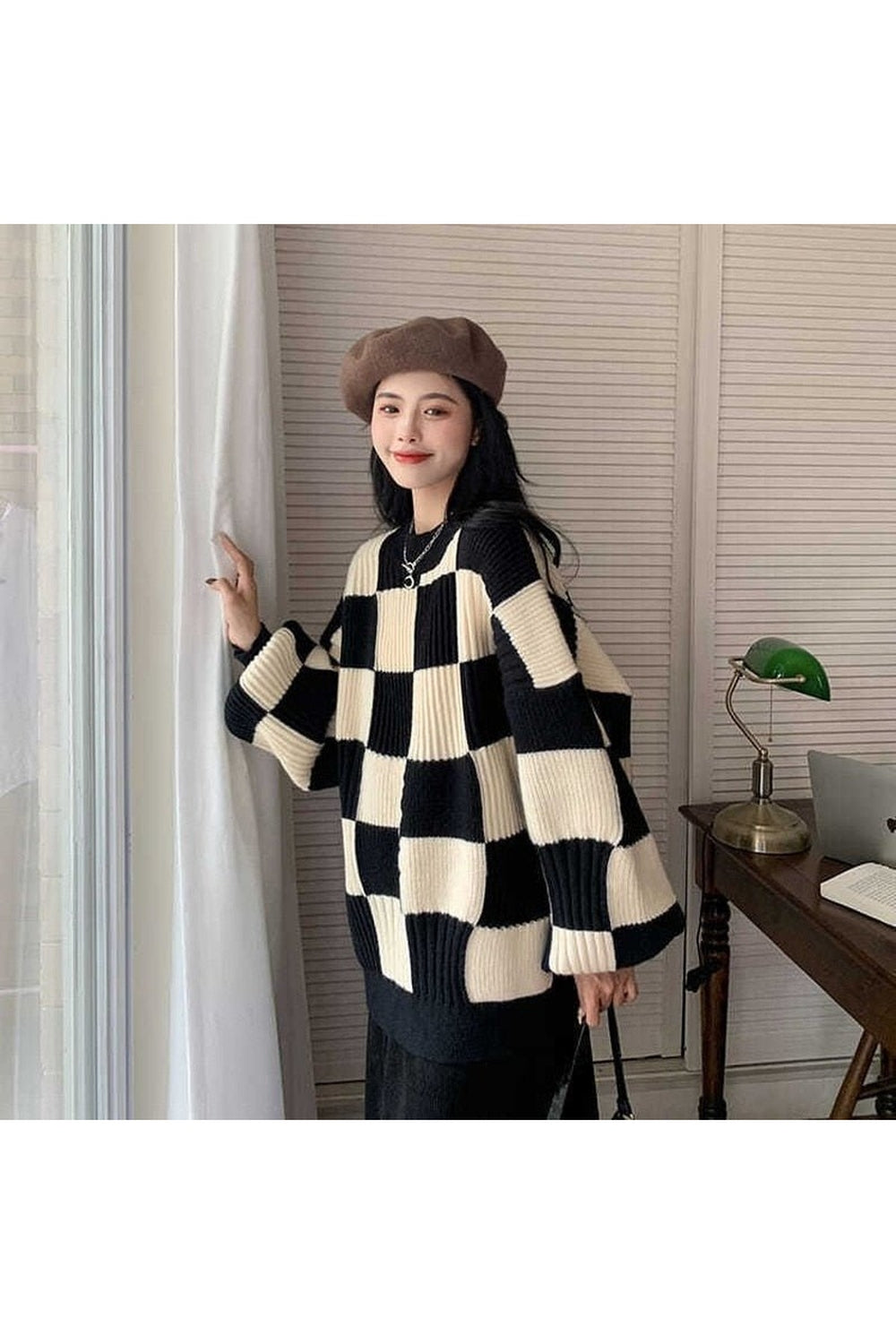 Fall Checkerboard Oversize Sweater