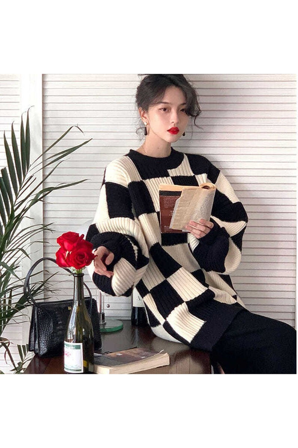 Fall Checkerboard Oversize Sweater