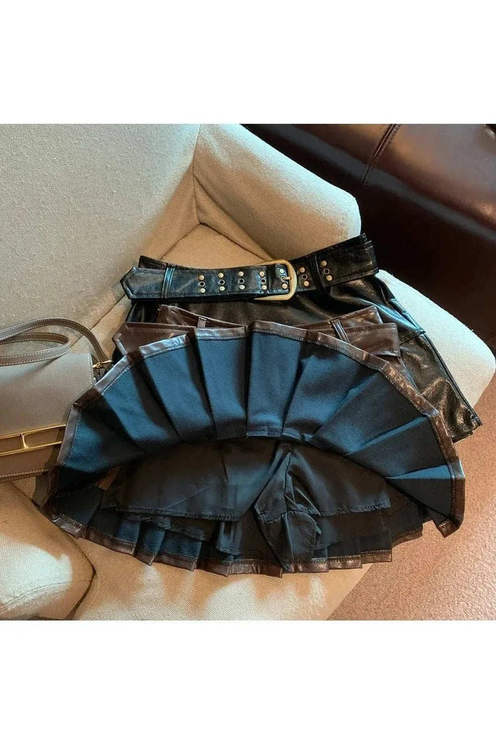 Coffee Leather Pleated Skirt