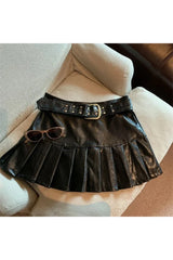 Coffee Leather Pleated Skirt