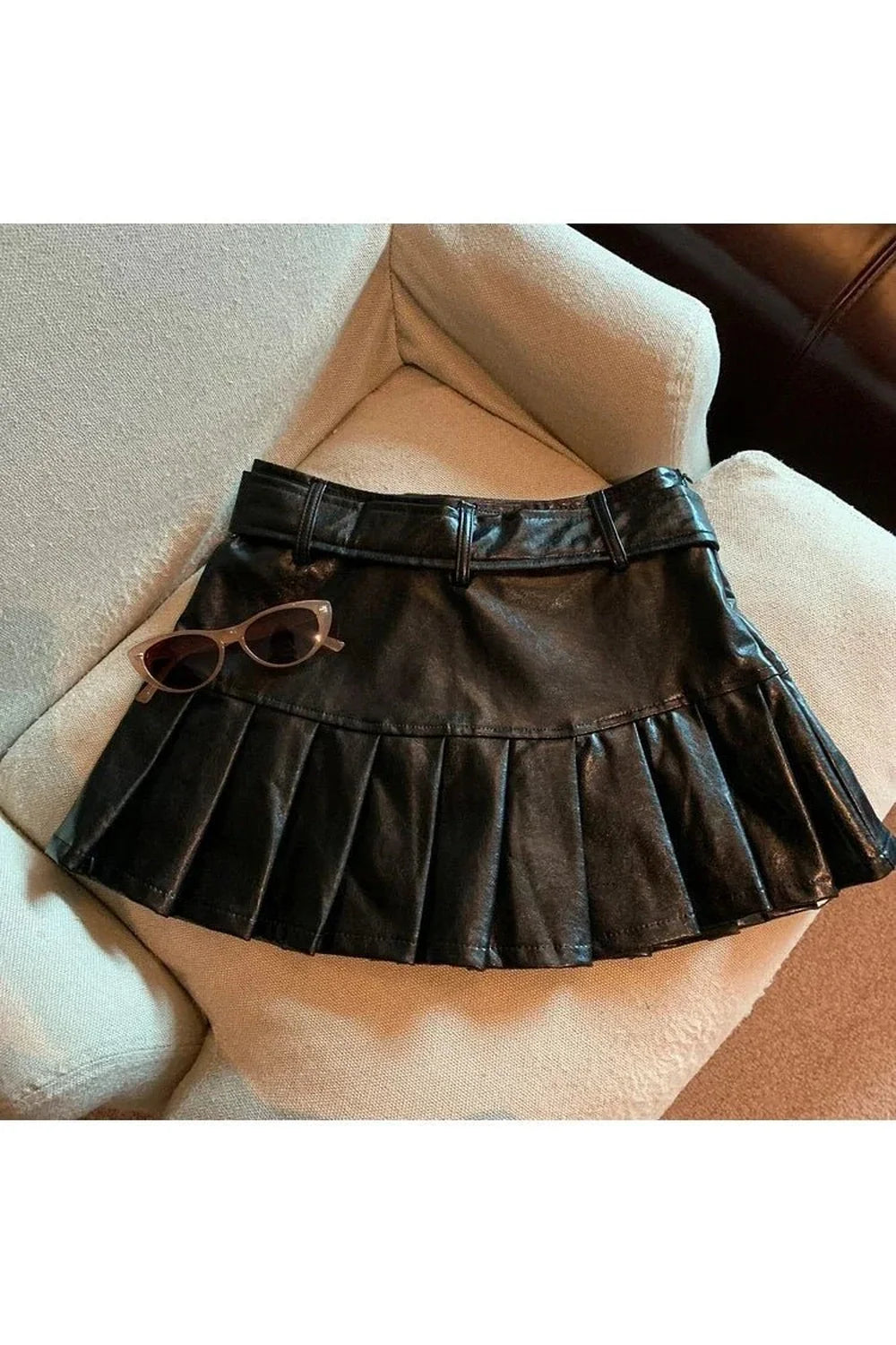 Coffee Leather Pleated Skirt