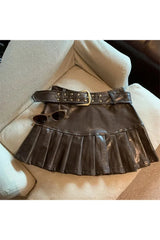 Coffee Leather Pleated Skirt