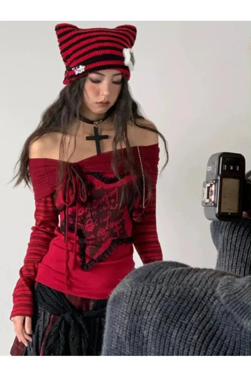 Crimson Chaos Off-Shoulder Top