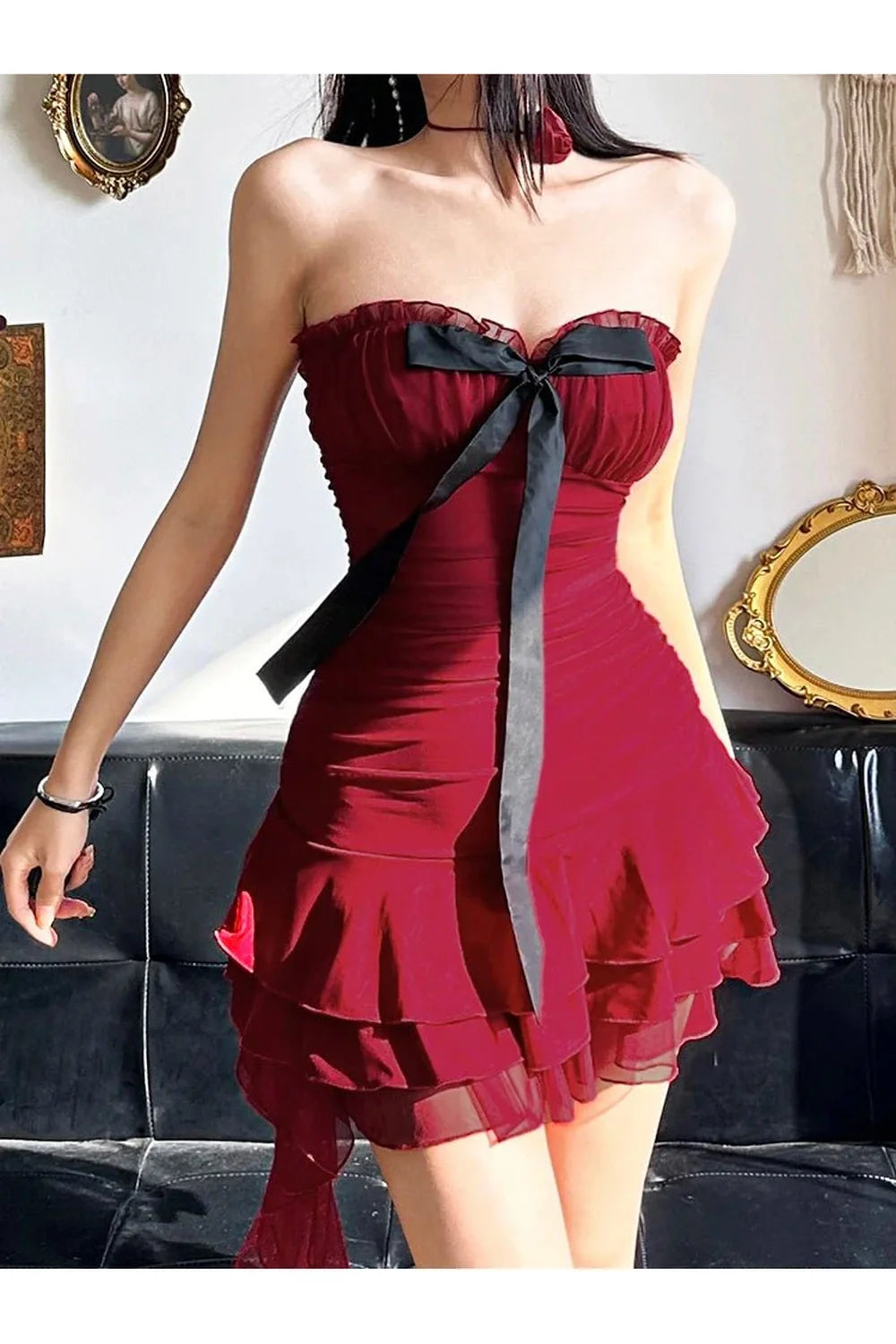 Crimson Ruffle Strapless Dress