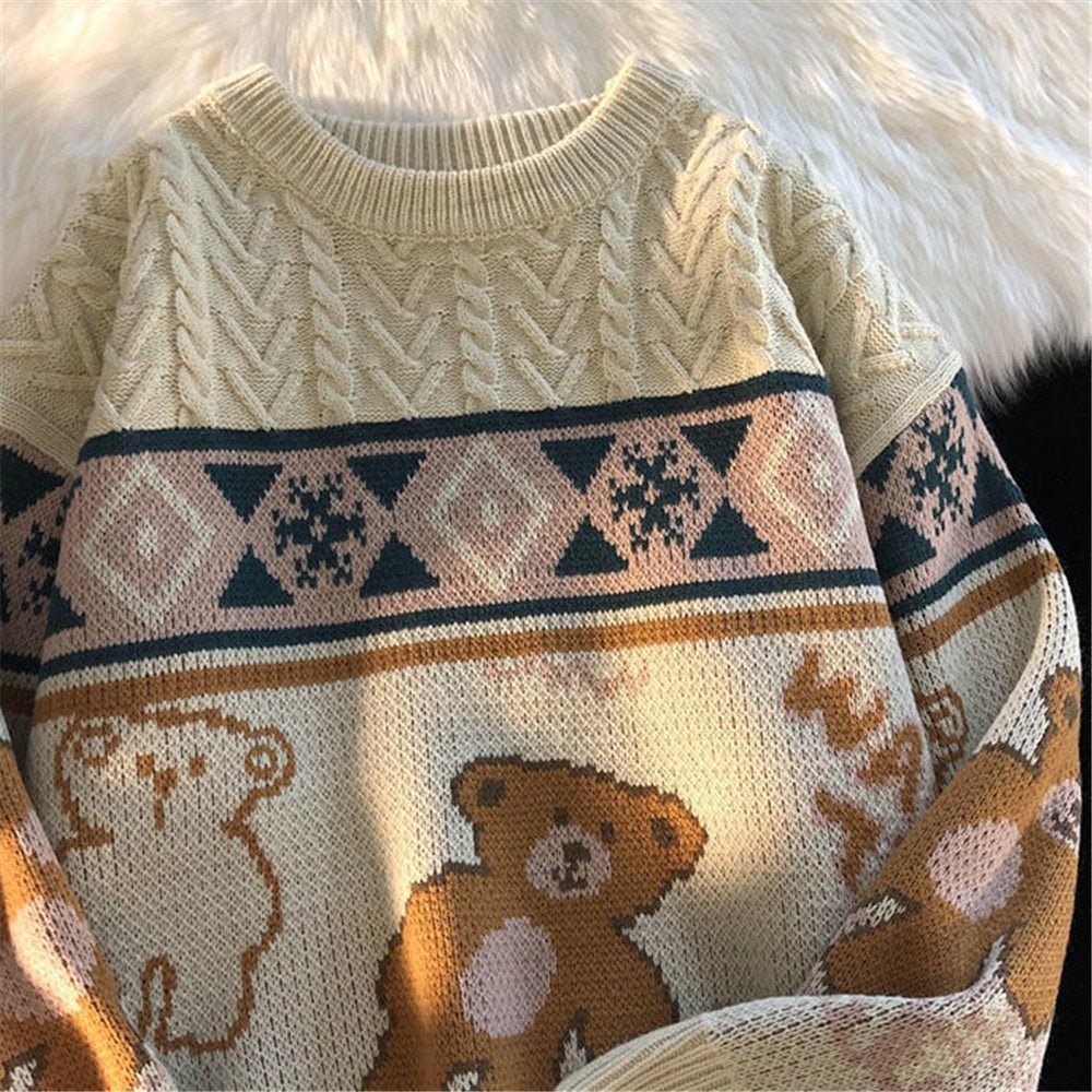 Fall Cute Bear Vintage Oversize Knit Sweater