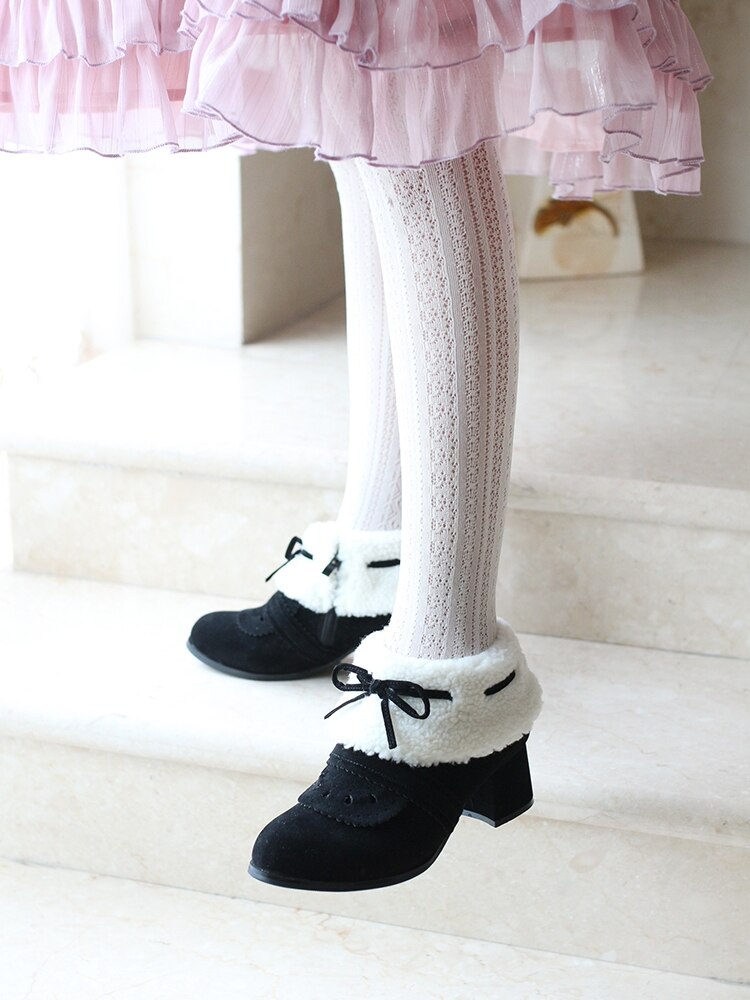 Black/Red/Brown Warm Plush Kawaii Bowknot Short Boots BE501