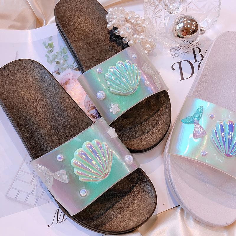Black/Silver Hologram Mermaid Scallop Slippers