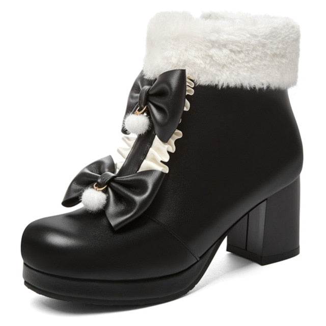Black/Pink/White Warm Plush Sweet Winter Boots Cute Bowknot Platform High Heels BE507