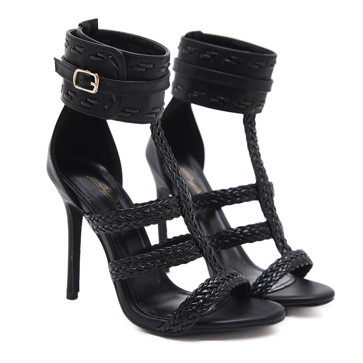 Black/Apricot Weave High Heels Sandals