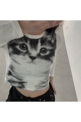 Dark Cat Print Long Sleeve Crop Top