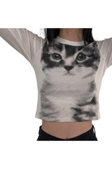 Dark Cat Print Long Sleeve Crop Top