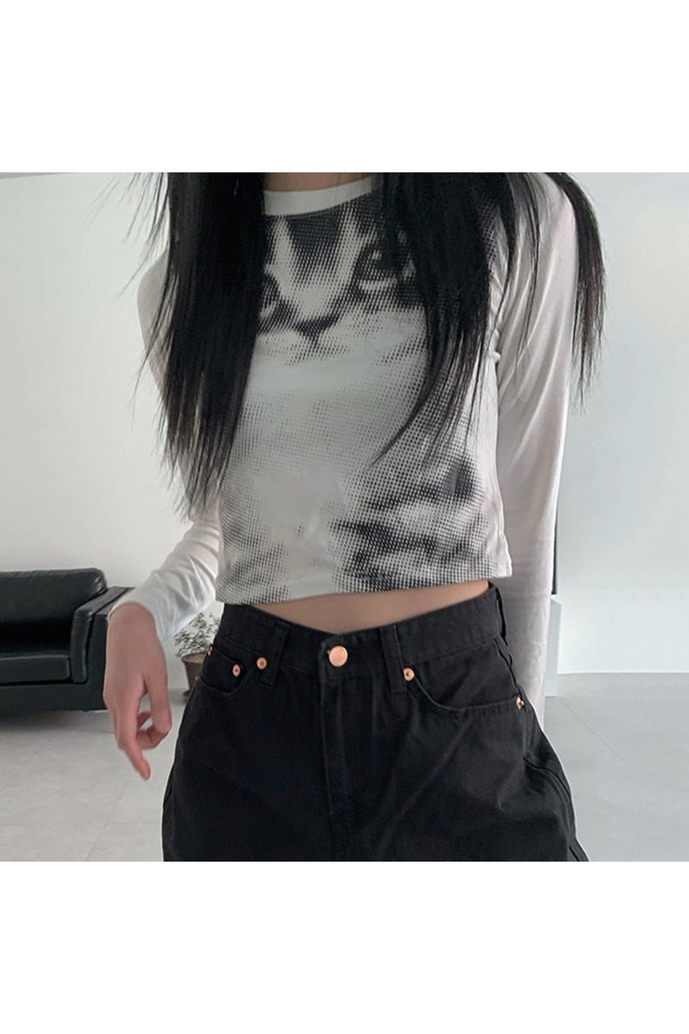 Dark Cat Print Long Sleeve Crop Top