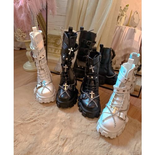 Black White Punk Cross Chains Boots ON175