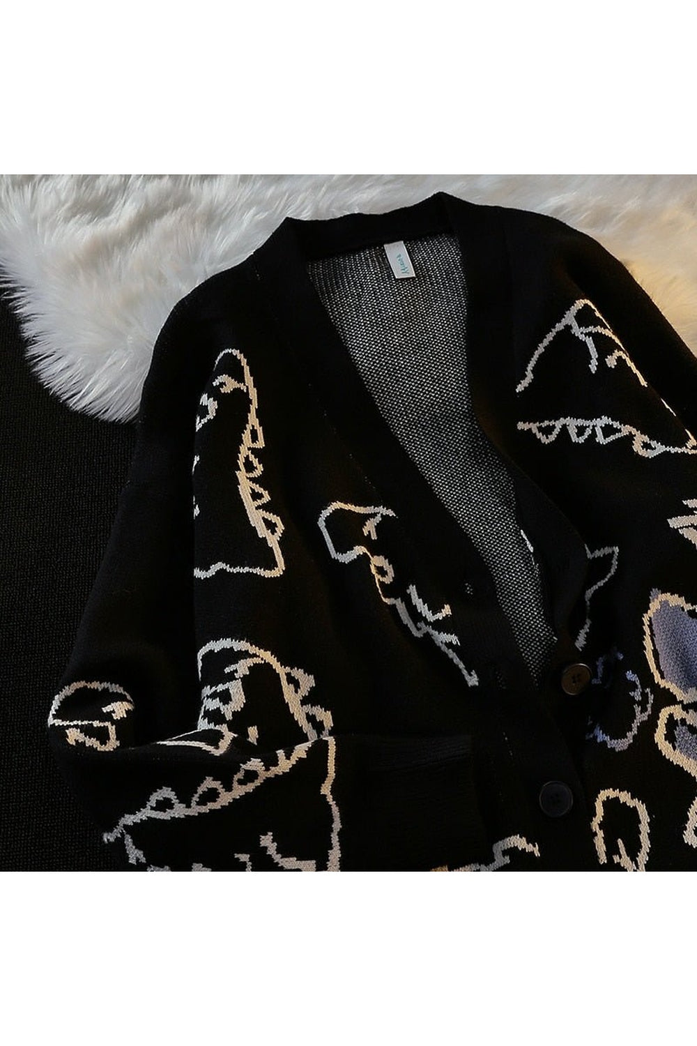 Fall Dinosaur Cartoon Print Knit Cardigan