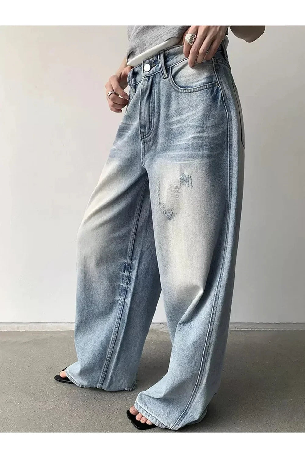 Distressed Light-Wash Wide-Leg Jeans