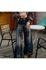 Distressed Marble Wash Wide-Leg Jeans