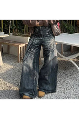 Distressed Marble Wash Wide-Leg Jeans