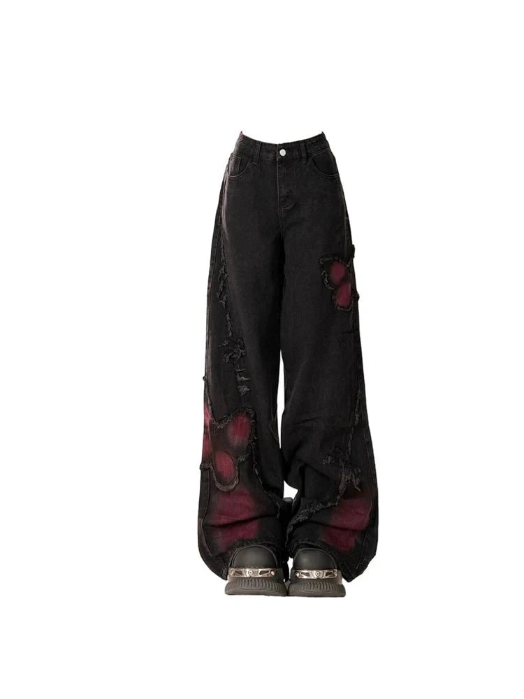 Distressed Red Butterfly Denim Pants