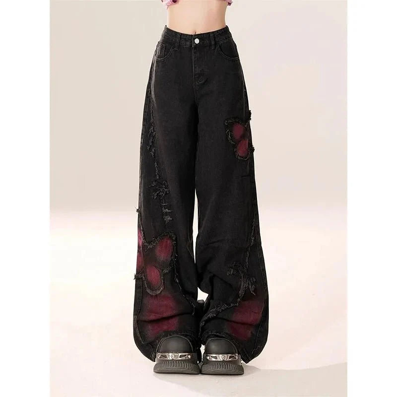 Distressed Red Butterfly Denim Pants