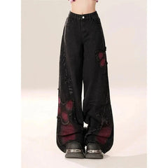 Distressed Red Butterfly Denim Pants