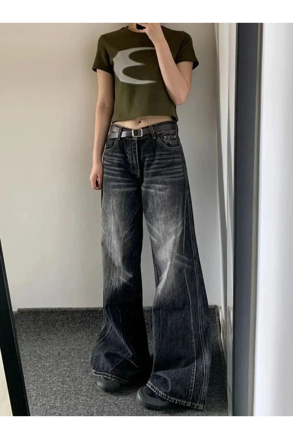 Fall Distressed Vintage Wide-Leg Jeans