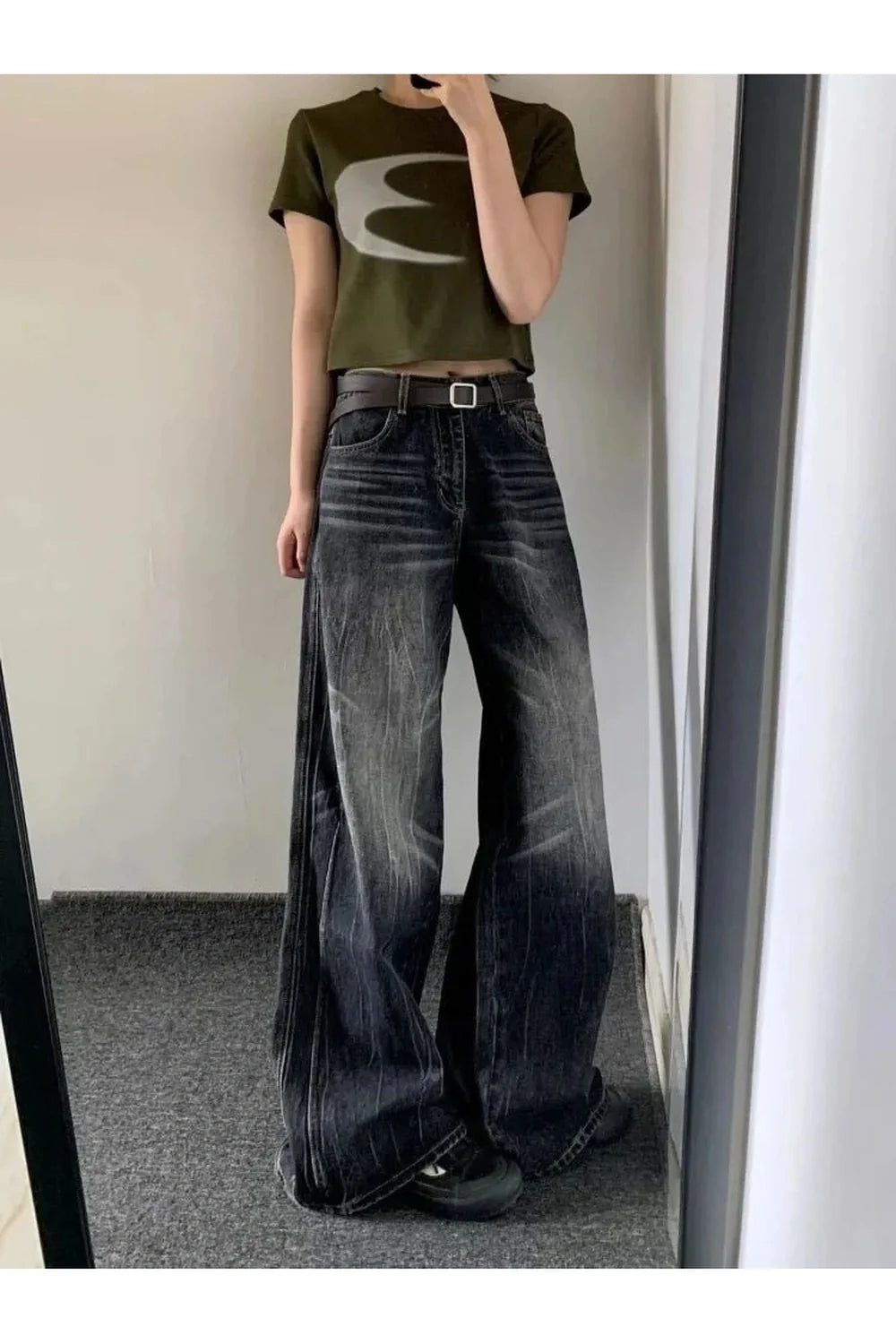 Fall Distressed Vintage Wide-Leg Jeans