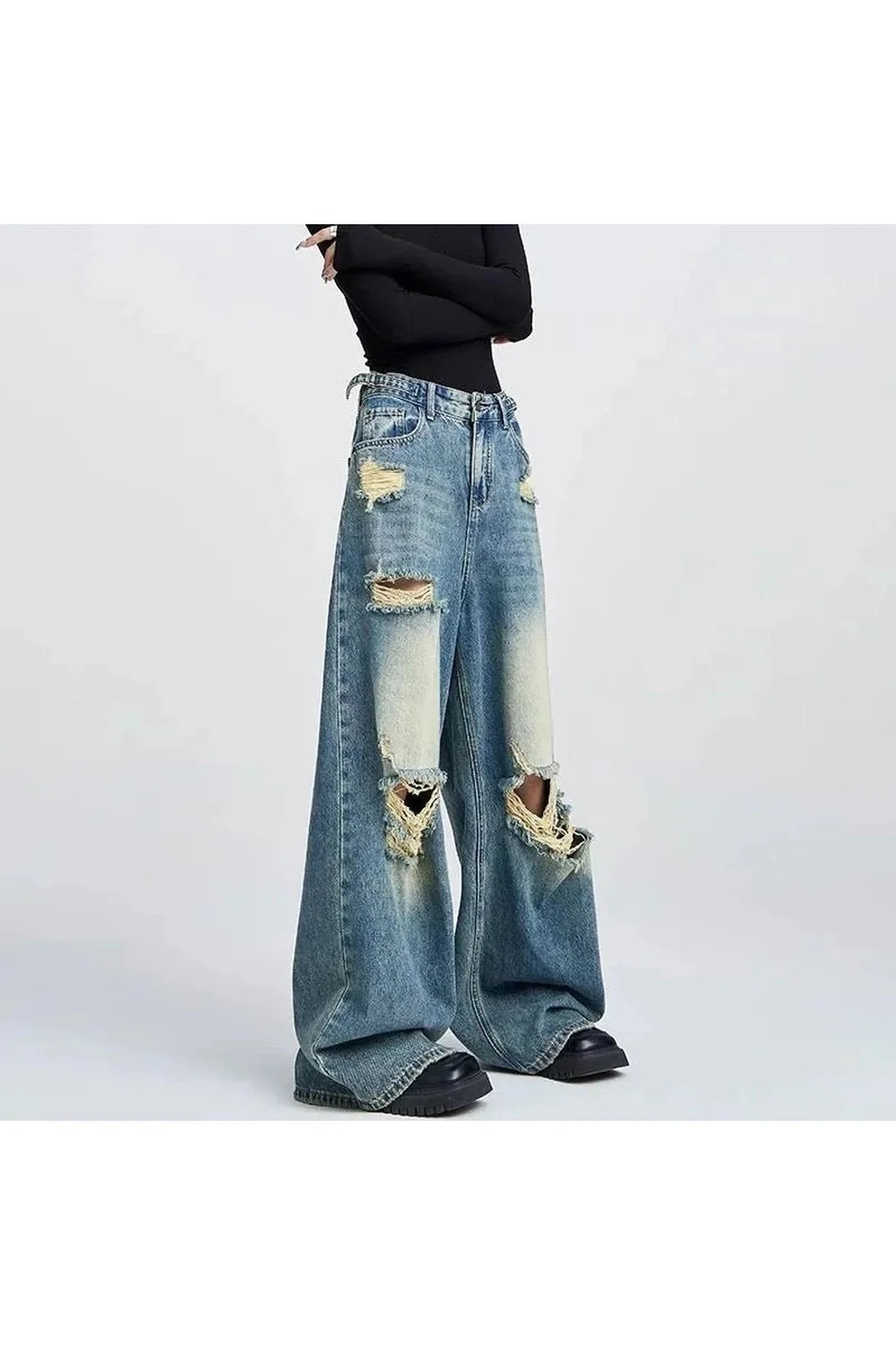 Fall Distressed Wide-Leg Jeans