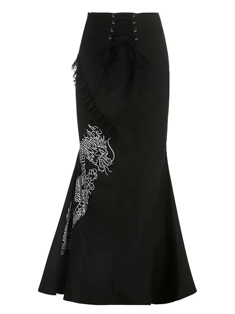 Dragon Embroidered Gothic Maxi Skirt